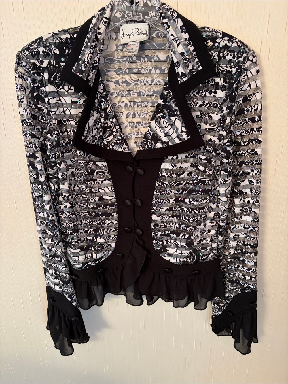 Joseph Ribkoff Black & White Floral Ruffle-Trim Blouse Jacket